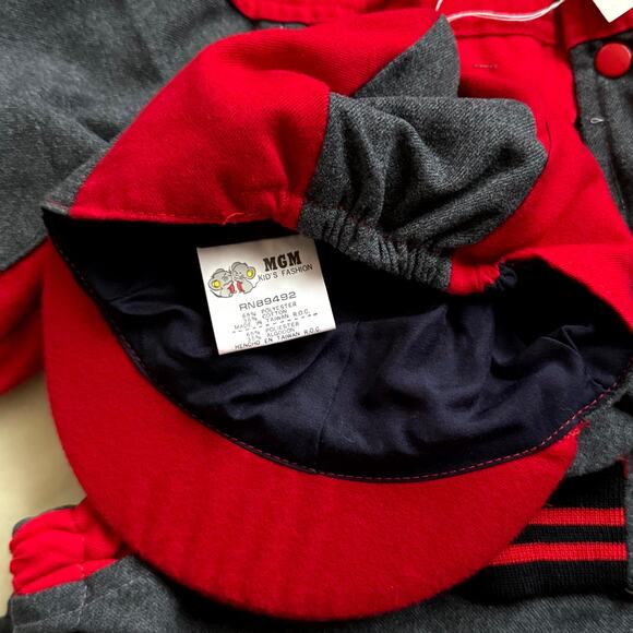 Vintage 90s MGM Kids Fashion Cap Jacket Pants Set 12M Red Gray Baseball Sports - Picture 10 of 10